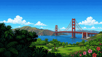 Pixel-art view of the Golden Gate Bridge across the San Francisco Bay on a clear day.