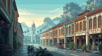 Pixel-art view of a street of pastel shophouses in Ipoh Old Town, with the clock tower and limestone hills behind.